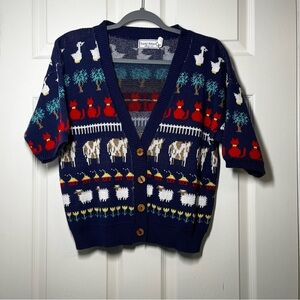 VINTAGE Touchy Subject Navy Blue Cardigan with Animal Pattern Size Small